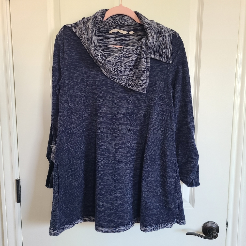 Soft Surroundings Blue Split Cowl Neck Long Sleeve Tunic Sweater Medium